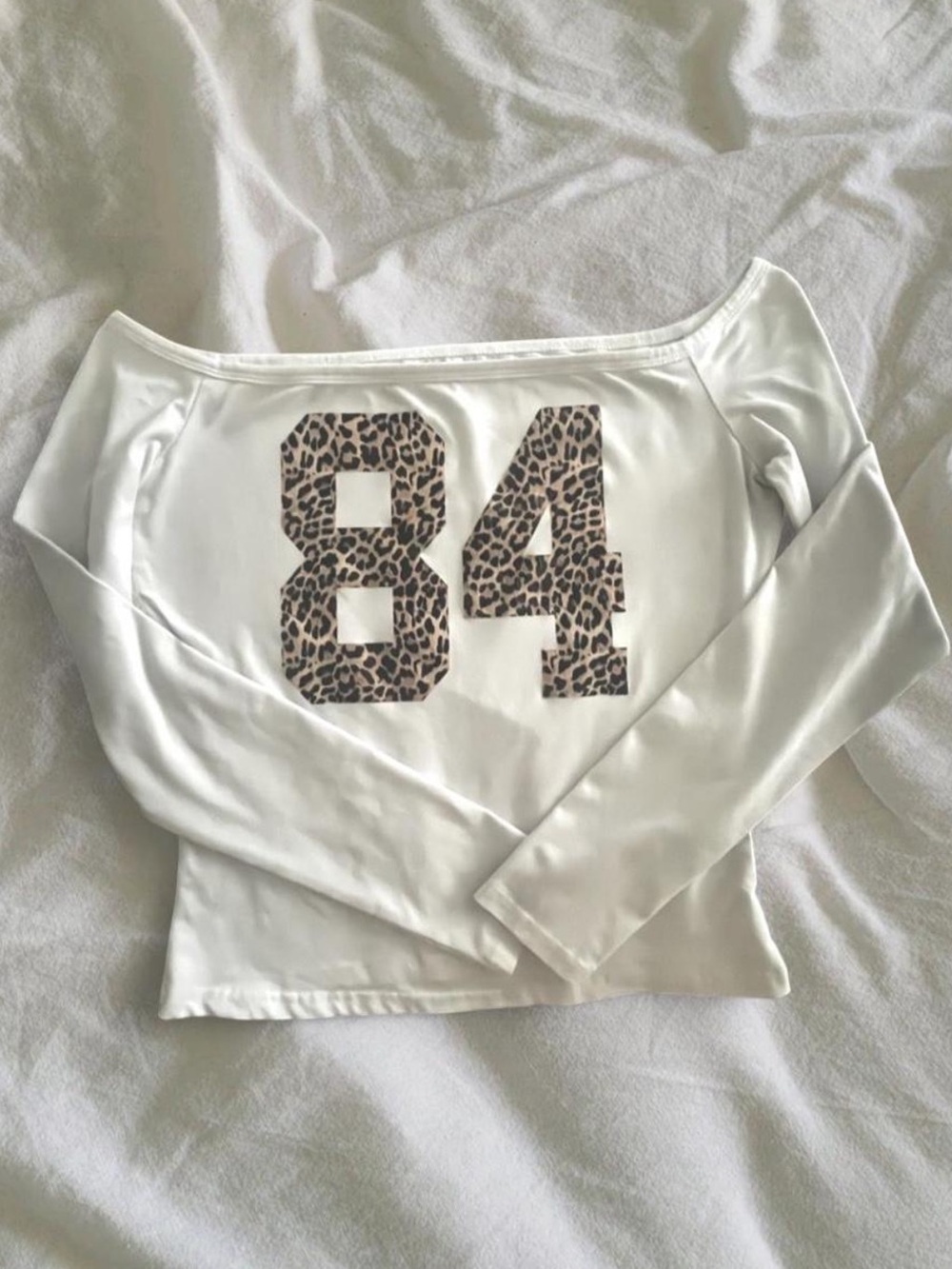 White Off-Shoulder Top with Leopard 84 Jersey Print